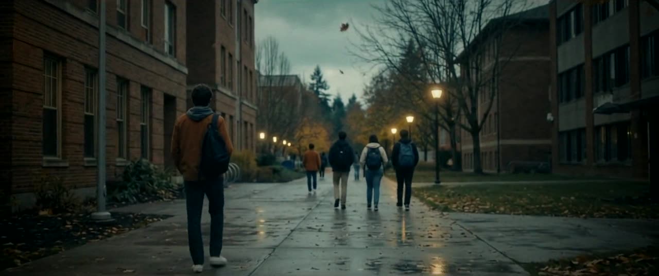 Eli walks a wet campus path; far ahead, a small figure in the same rust jacket