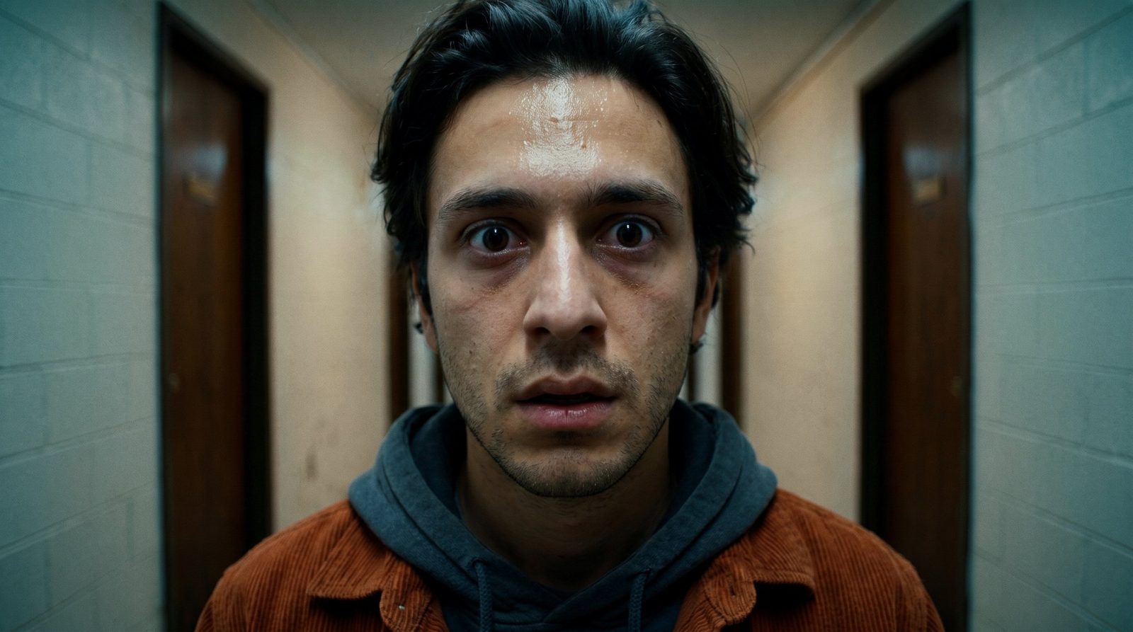 Close-up of a young man in a rust corduroy jacket and grey hoodie, eyes wide and sweating, standing in a narrow dorm corridor lined with dark doors.