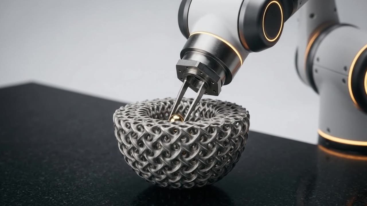 ショット5: 金属ラティスボウルに小さな金色の球体を置くグリッパー