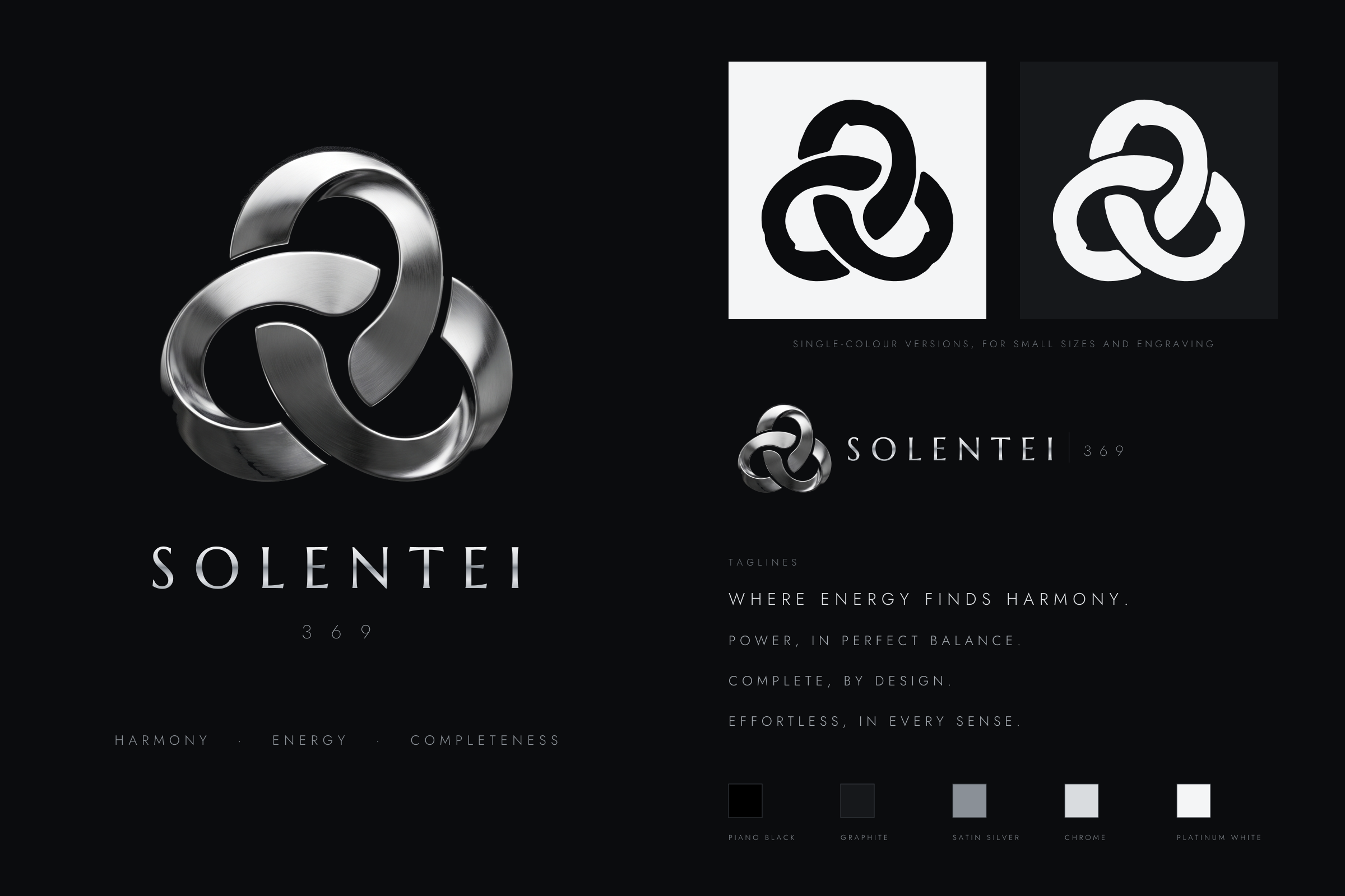 The SOLENTEI brand sheet: chrome emblem, lockups, taglines and the five-colour palette
