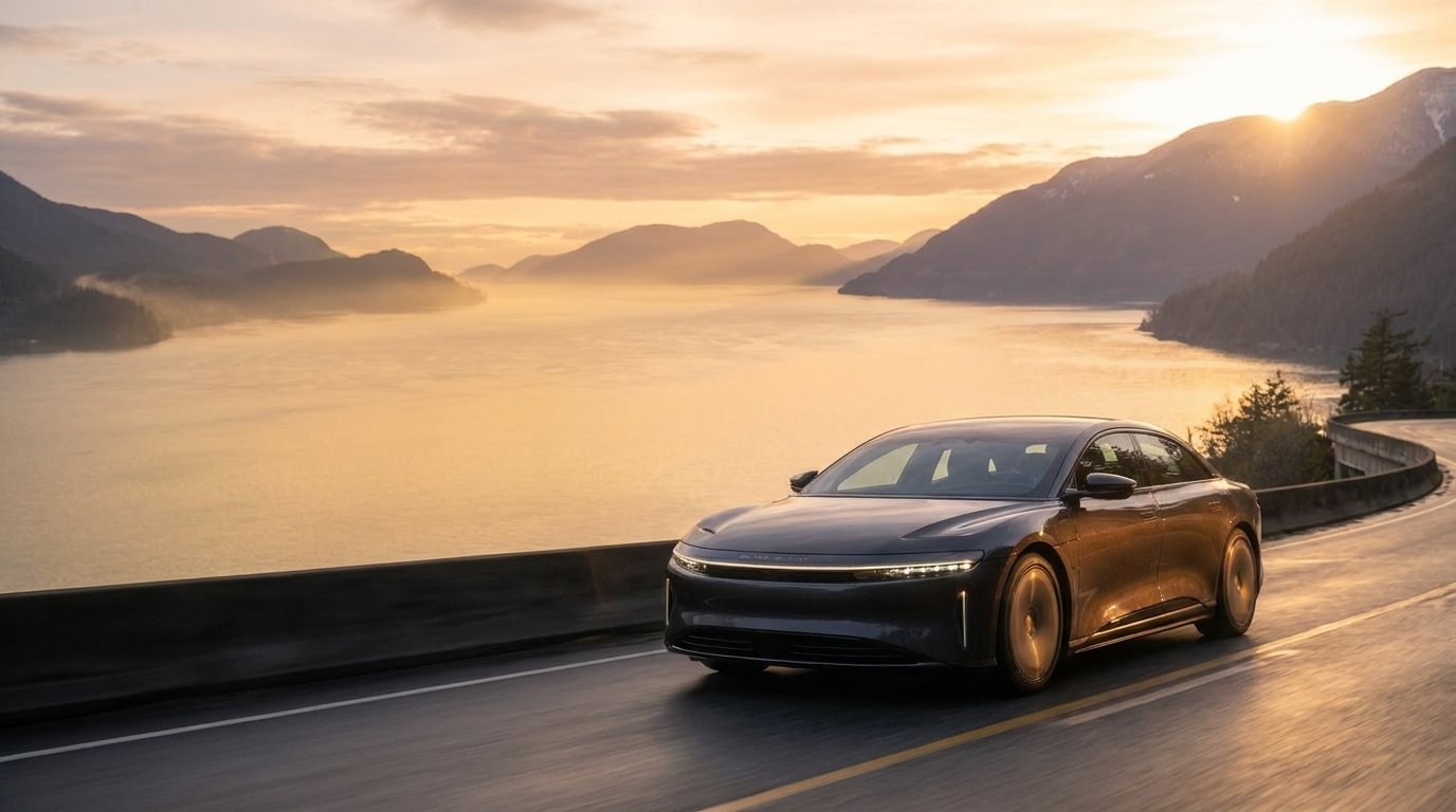 Key visual: the car on the coast road in full gold light above the inlet