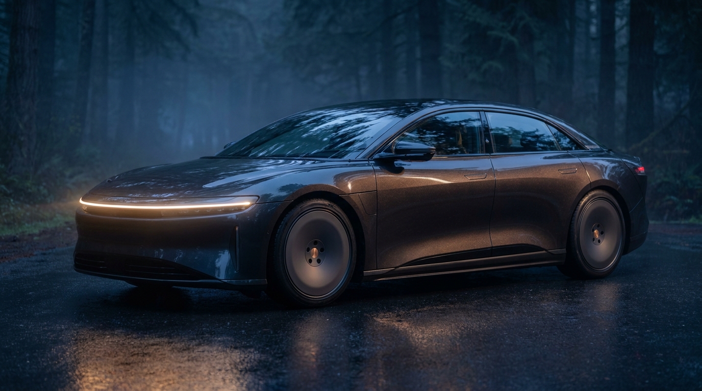 Reference R1: the car in three-quarter front view in a misty cedar forest, light bar glowing
