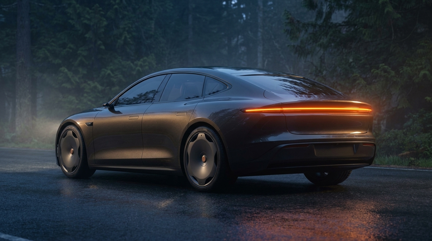 Reference R2: the car from the rear in the forest, amber light bar glowing