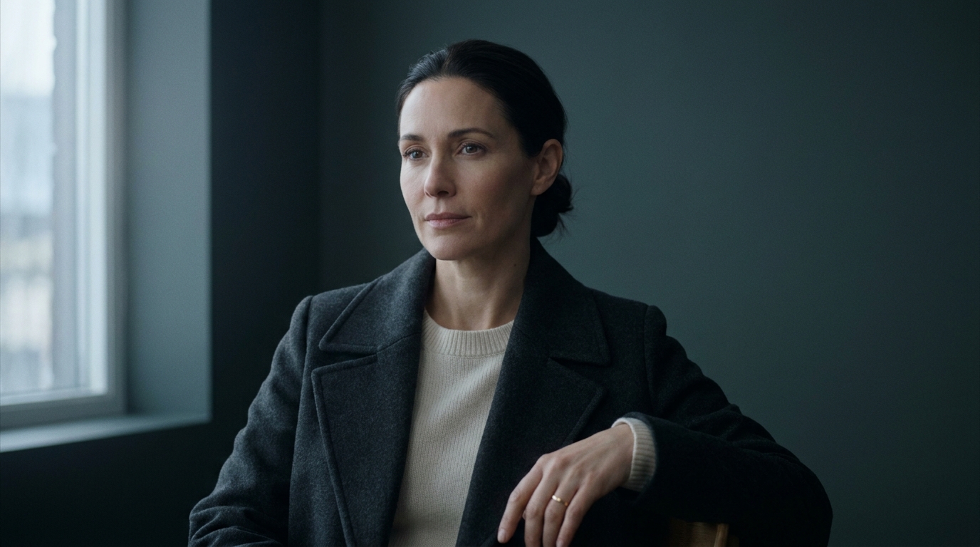 Reference R3: portrait of the driver in a charcoal wool coat and cream knit