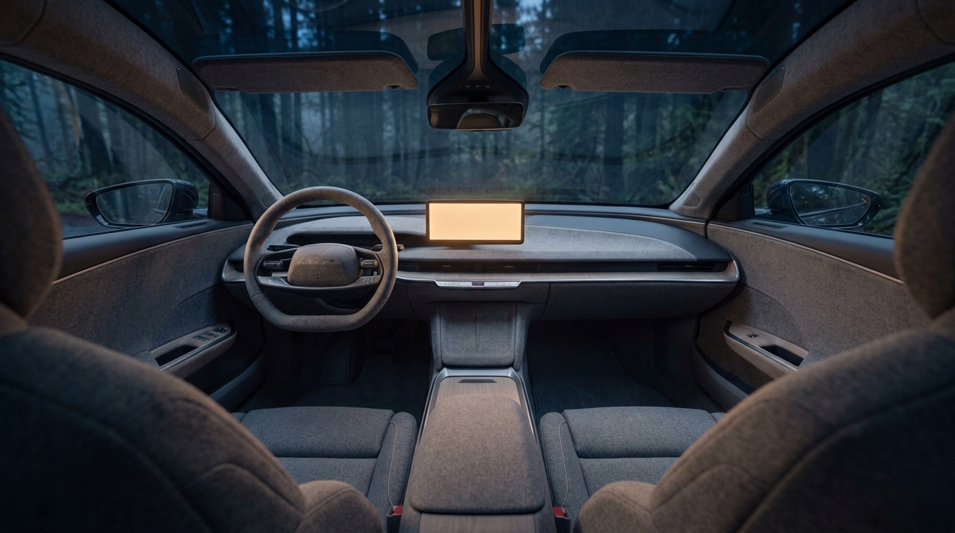Reference R4: the cabin from the rear seat, wool seats, ash dash and one glowing screen