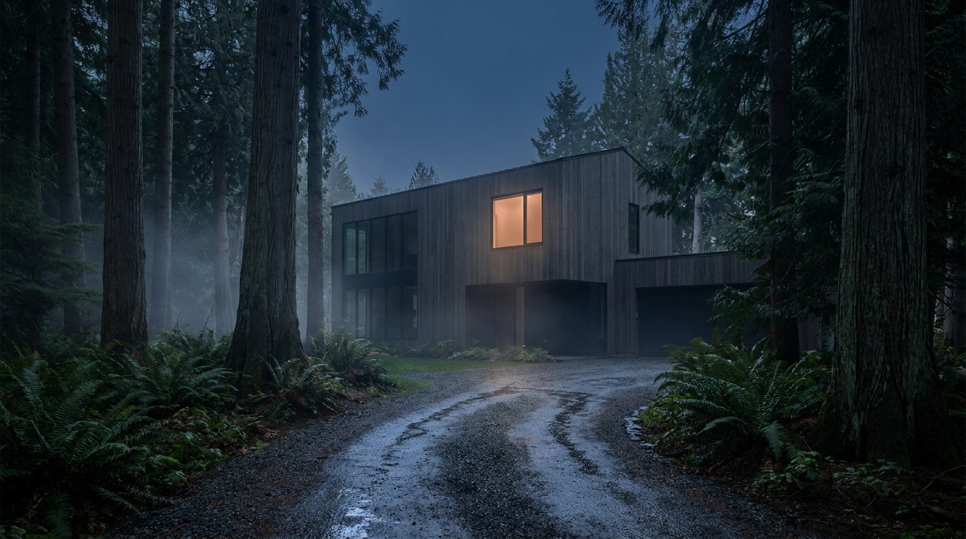 Reference R5: a modern cedar-clad house among tall trees, one window lit