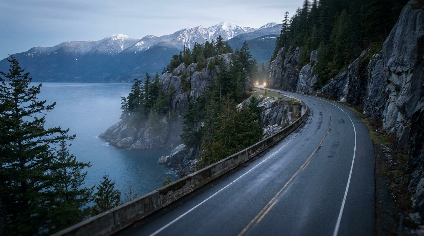 Reference R6: the empty cliff highway above the inlet at blue hour