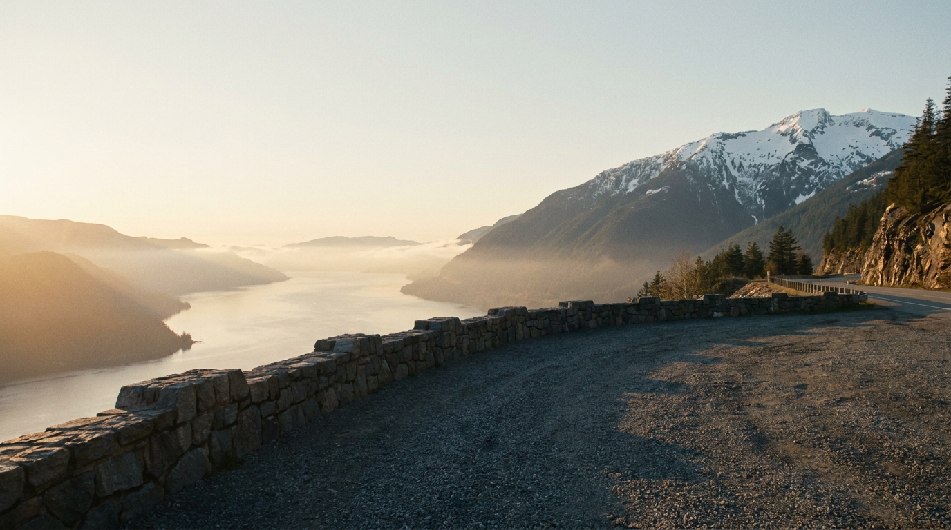 Reference R7: the gravel lookout with a low stone wall above the inlet at sunrise