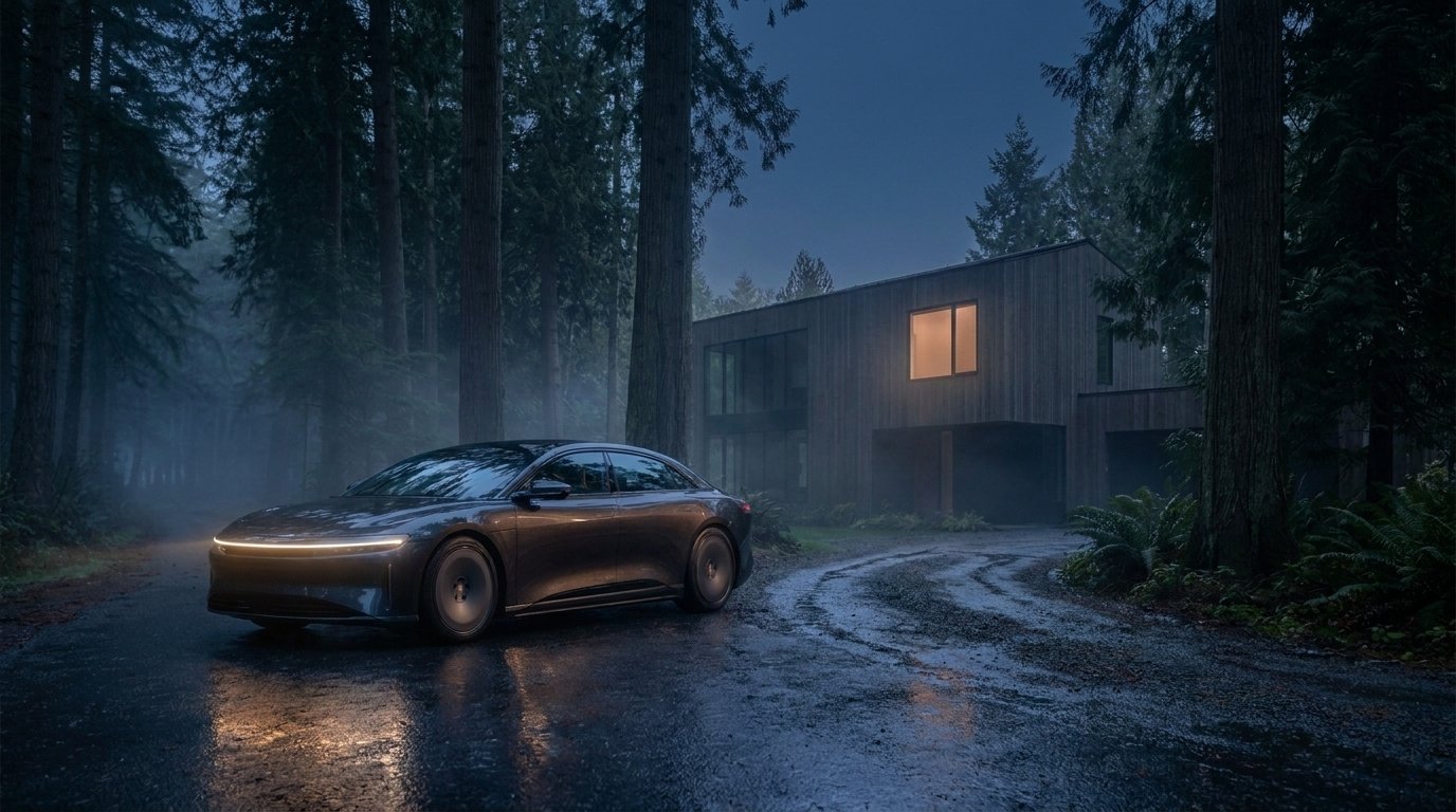 Shot 2: the car parked by the cedar house in mist before dawn