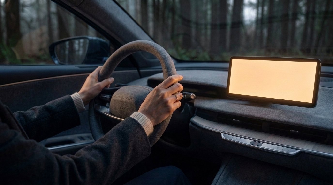 Shot 3: her hands resting on the wool-wrapped steering wheel, screen glowing amber