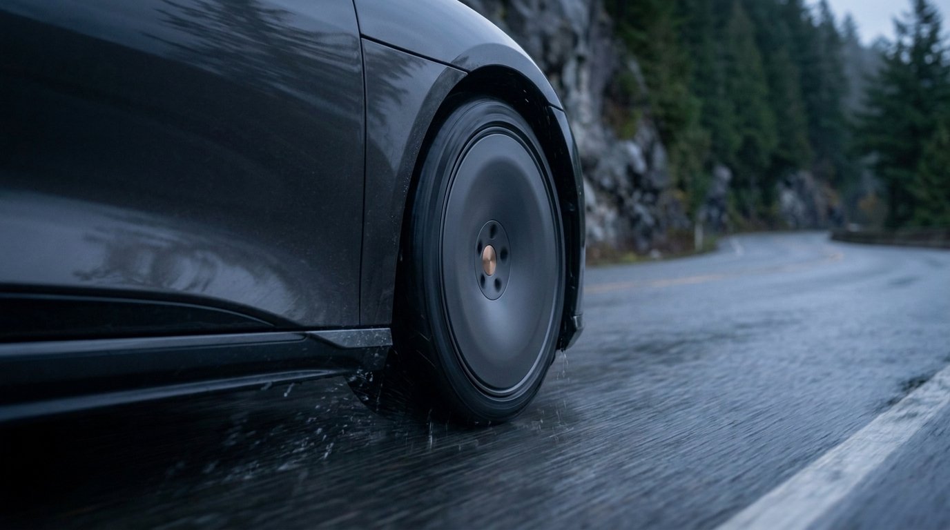 Shot 4: the aero wheel low on the wet road as the car rolls out