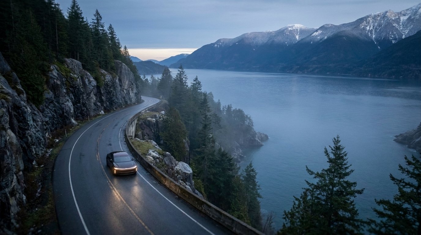 Shot 5: aerial view of the car small on the cliff road above the inlet at dusk