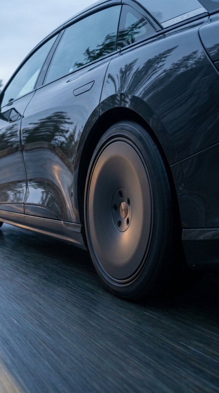 Shot 8: close on the closed aero wheel turning, road blurring beneath
