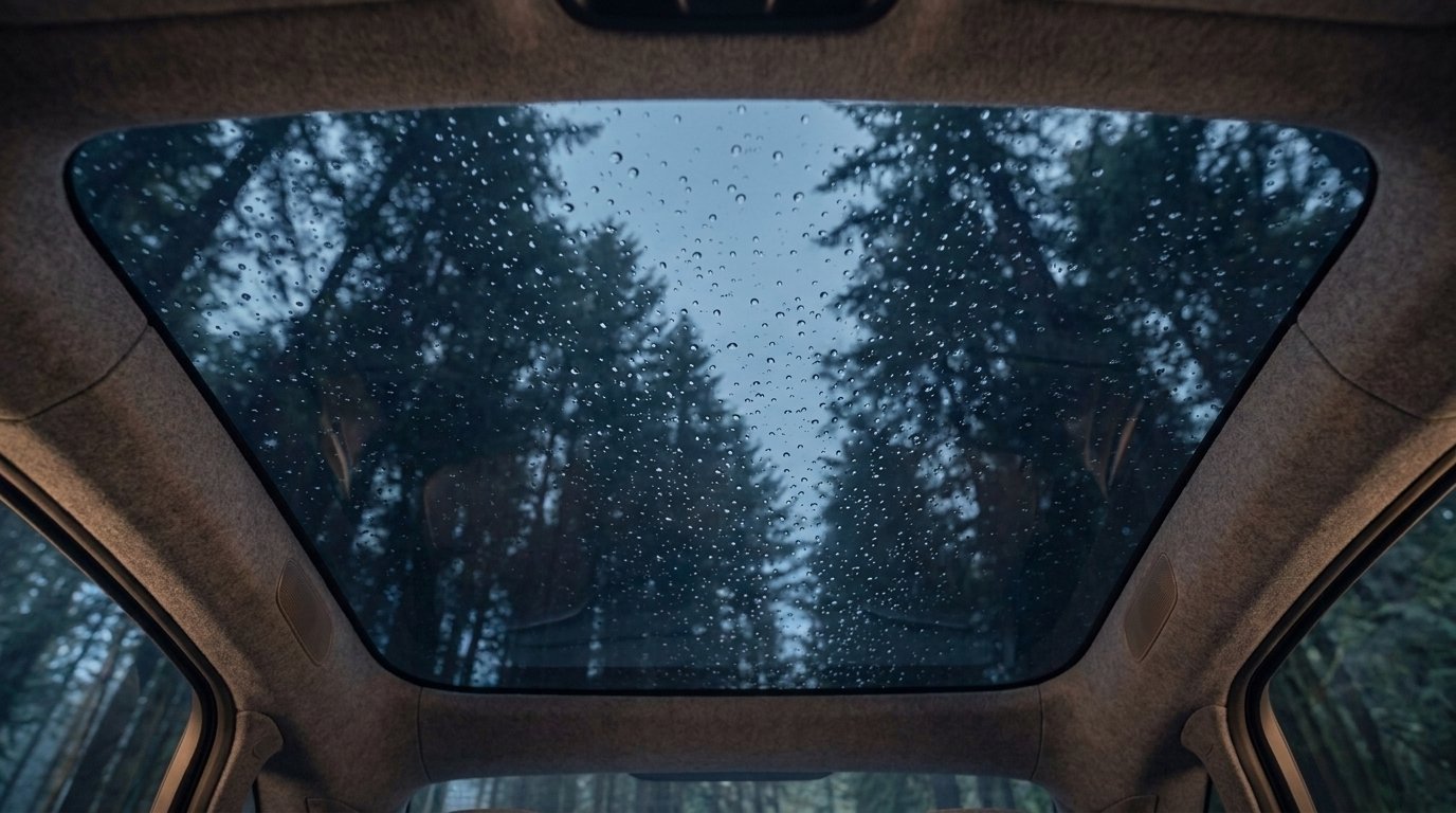 Shot 9: rain beads on the panoramic glass roof, fir tops above