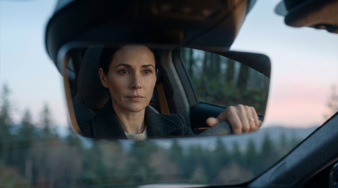 Shot 10: her eyes reflected in the rear-view mirror