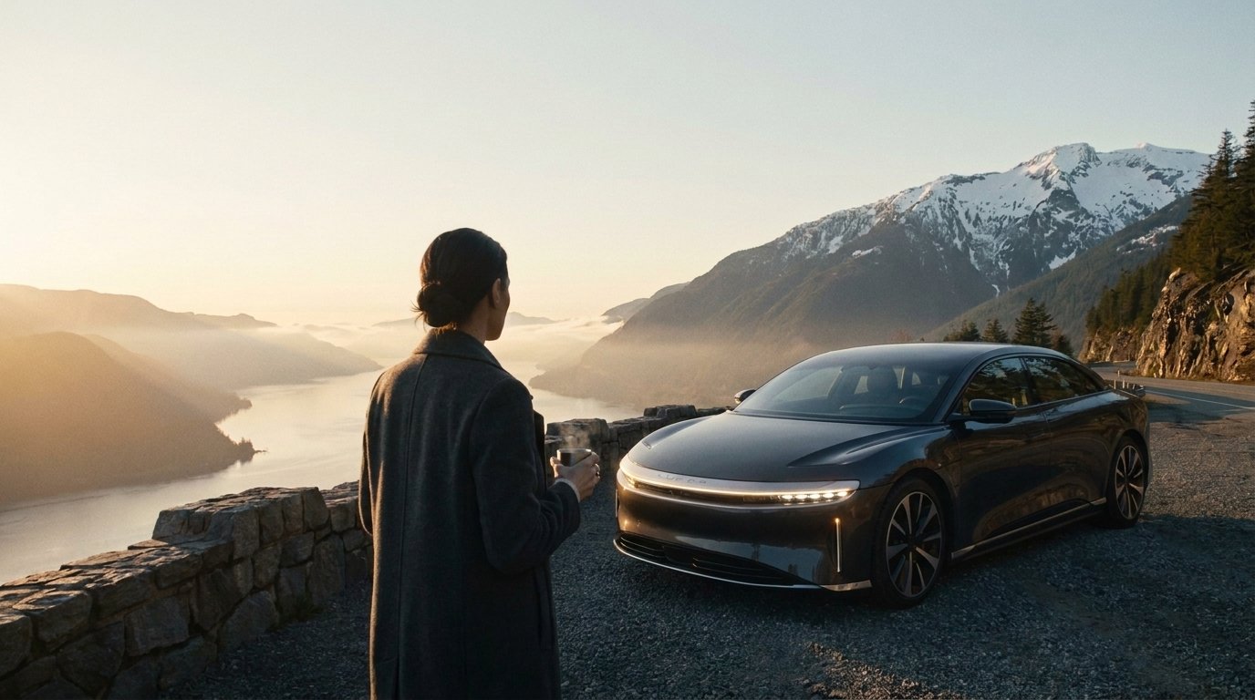 Shot 14: the driver standing by the parked car at the lookout, coffee in hand, facing sunrise